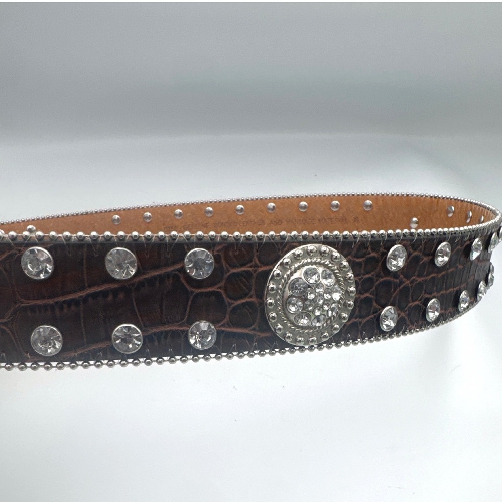 Western Belt Womens XL Brown Leather Croc Rhinestone Medallion Cowgirl Rodeo - Picture 7 of 10